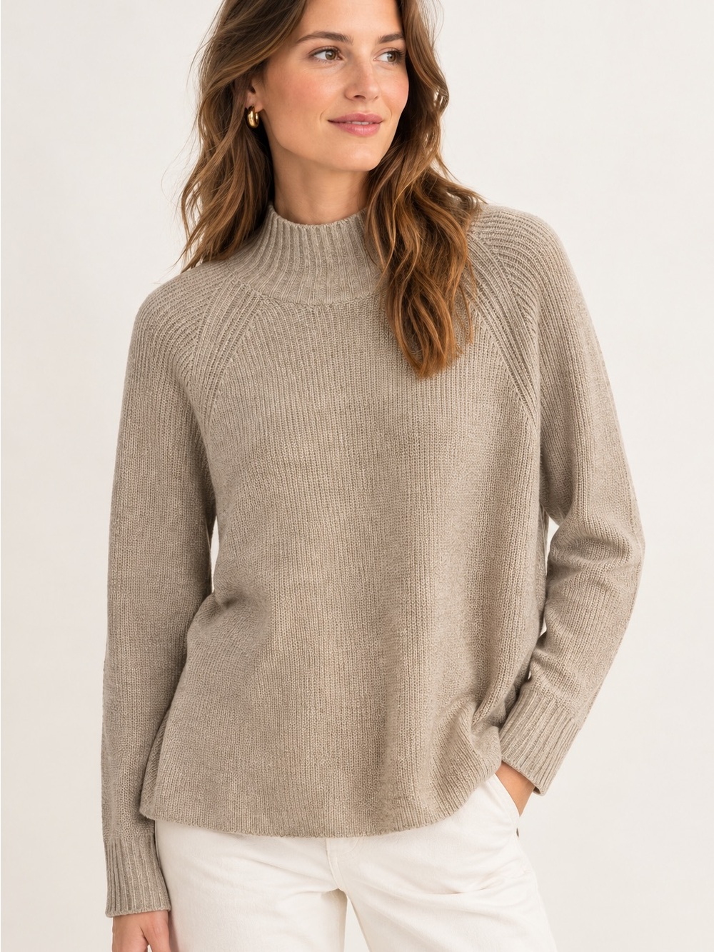 Boden Mock Neck Ribbed Sweater Size 12 Oatmeal Wool Cashmere